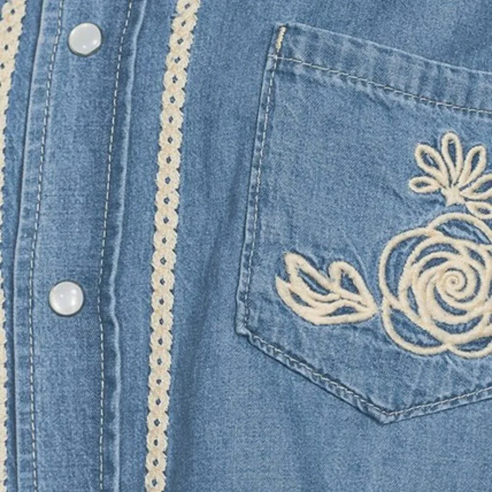 NWT!  Driftwood ​Dani Embroidered Cropped Denim Shirt Women Large - Picture 5 of 5